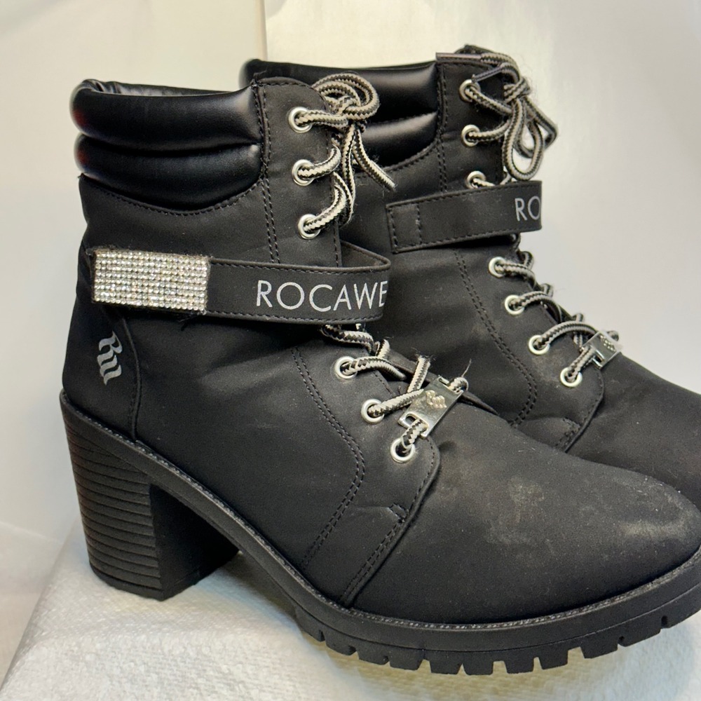Rocawear Heeled Combat Boots Womens Black Rhinestone Strap RLB-448-BLK size 10